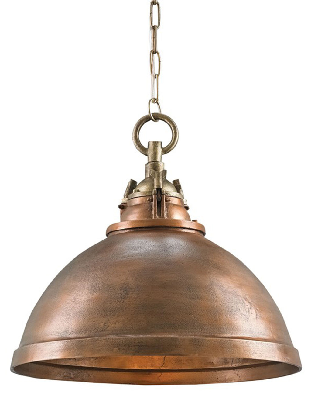 Aileen Pendant: Hand-finished copper aluminum body with antique brass hardware. Versatile dome-shaped pendant with a warm and rich finish. Rough luxe offering with one light.  Finish: Copper/Antique Brass Materials: Cast Aluminum Overall: 18"h x 20"dia. Weight: 14 lb Lights: 1 Watts per Socket/Item: 60/60 Socket: E26 Suggested Bulb Type: A Standard Light Direction: Downward Chain Included: 6' Brass Cord: 13' Gold