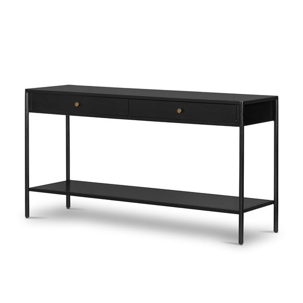 Ash Console Table - A versatile piece for your media room, dining space, or entryway, this iron console table in black finish comes with bronzed iron hardware for a touch of modernity. It features dual drawers and lower shelving for bonus storage space. The overall dimensions are 57.00"w x 17.00"d x 30.00"h with a clearance from floor of 6.0"