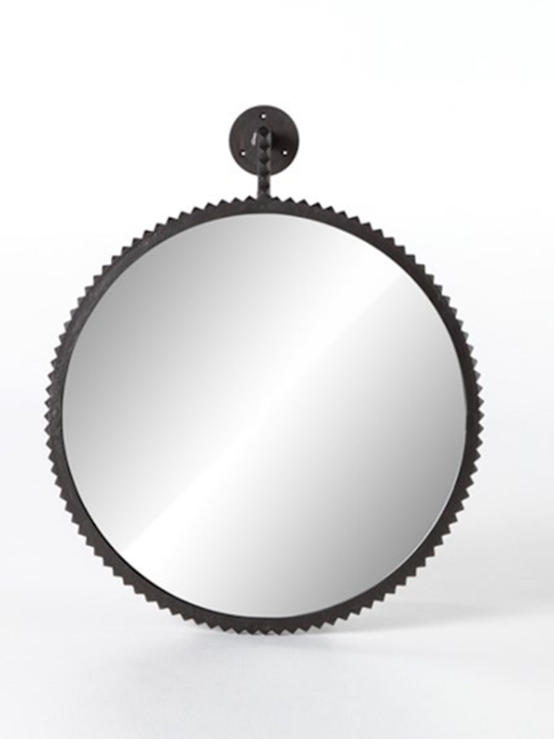 Cast aluminum framed round mirror finished in aged bronze. The elegant and artful design is perfect for bathroom or living room spaces. Overall dimensions of 31.00"w x 4.50"d x 37.50"h with a weight of 24.8 lb and volume of 6.36 cu ft. Made of durable aluminum and mirror materials.